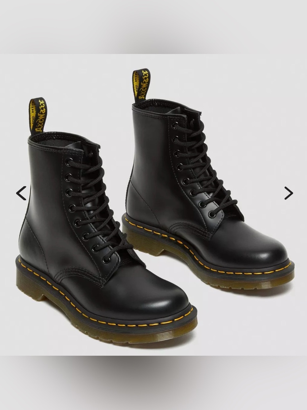 Dr. Martens Black Leather 8-Eye Lace-Up Boots with Yellow Stitching
